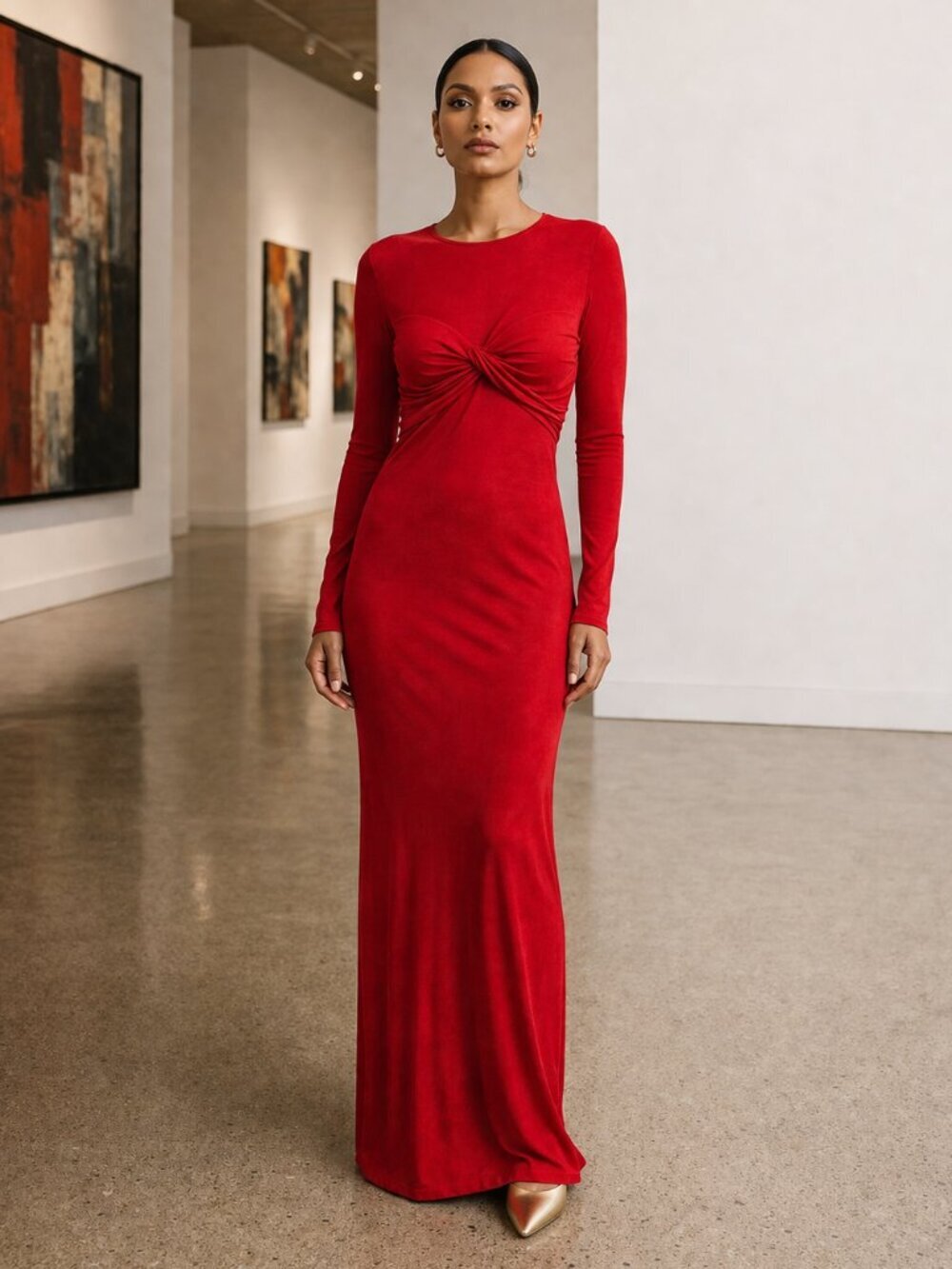 Farm Rio Red Column Maxi Dress Twist Front Long Sleeve Jersey Stretch Size S